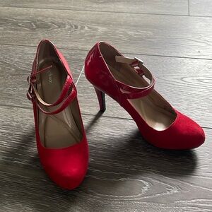Red Suede Strap Pumps